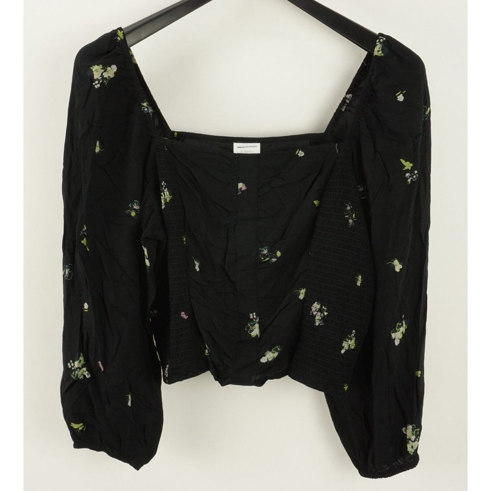 New ABOUND Womens XL Black Floral Smocked Square Neck Bishop Sleeve Crop Blouse